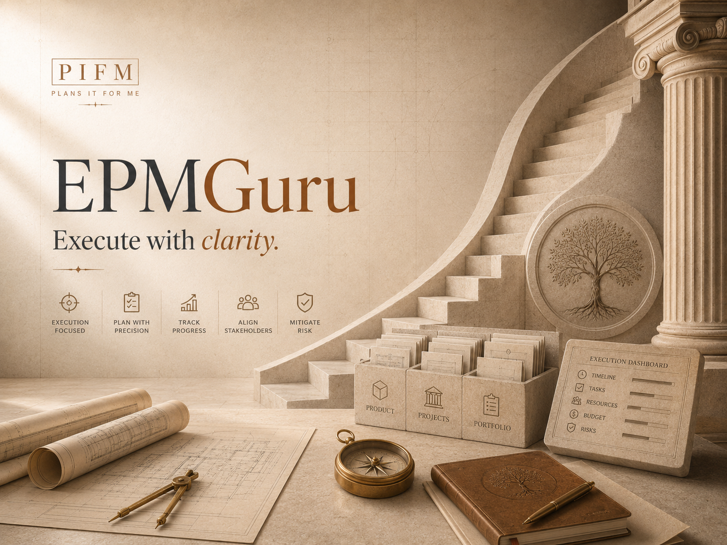 EPMGuru hero image showing execution clarity, planning discipline, and structured delivery symbolism in PIFM brand style