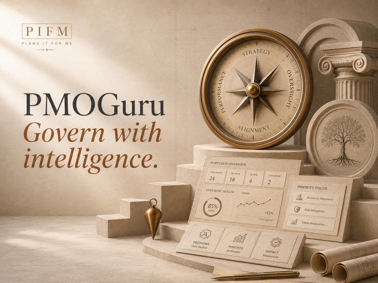 PMOGuru hero image showing governance, intelligence, compass, and strategic PMO symbolism in PIFM brand style